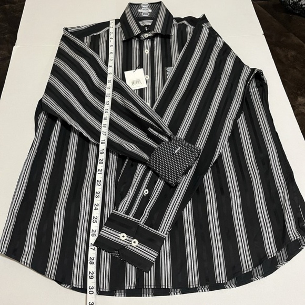 TailorByrd Mens Dress Shirt Medium Black White Stripe Contrast Cuff 100% Cotton - Picture 5 of 9